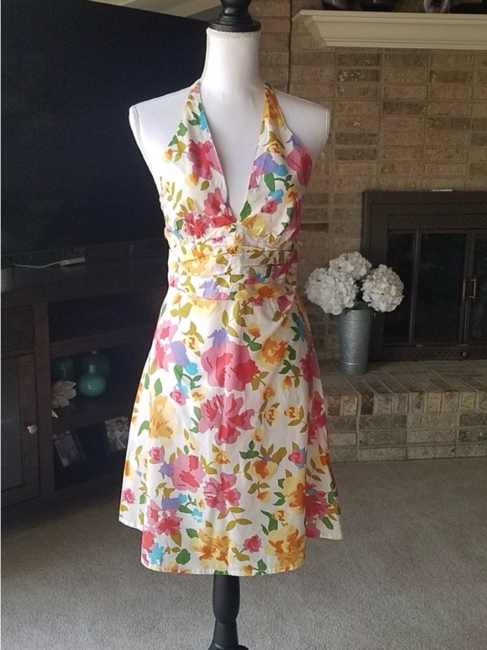 European Fashion Sexy Floral Halter Mini A-line V-neck Dress from Italy